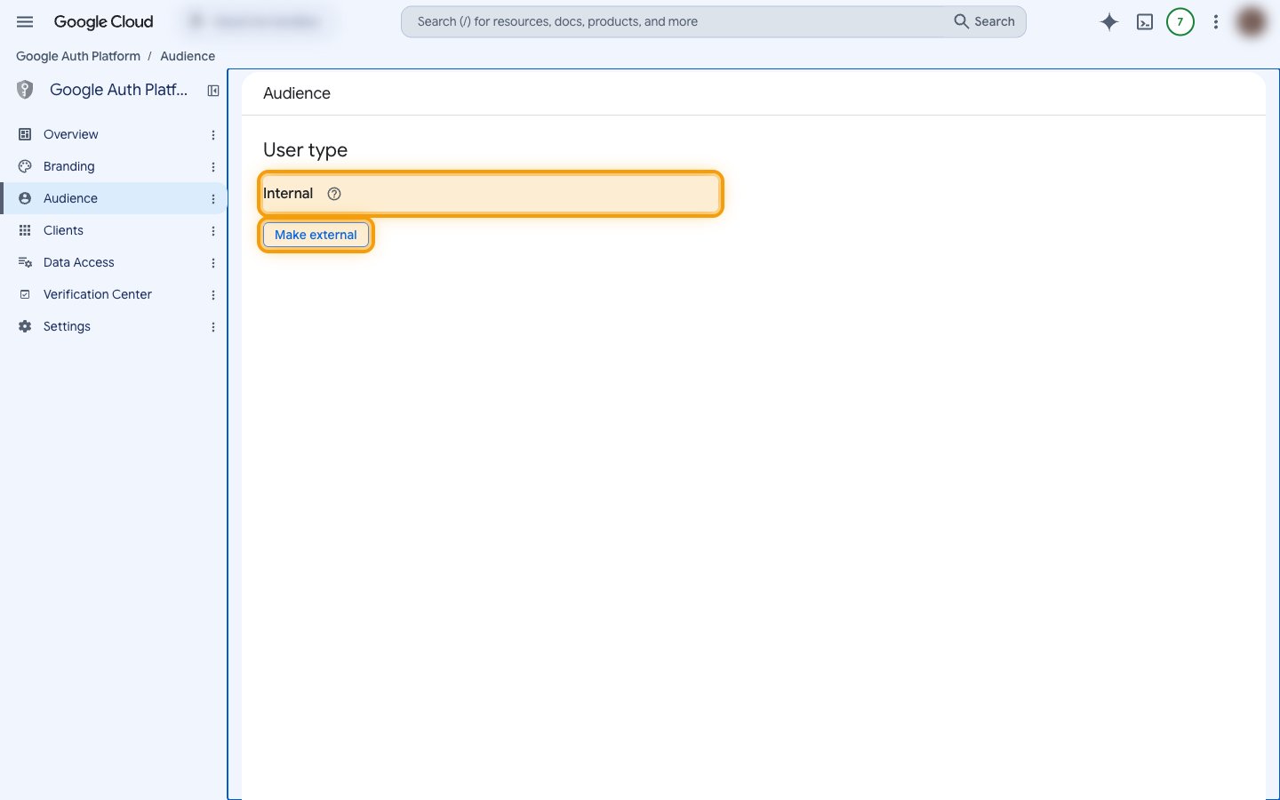 The Audience page showing User type set to Internal with the Make external button highlighted