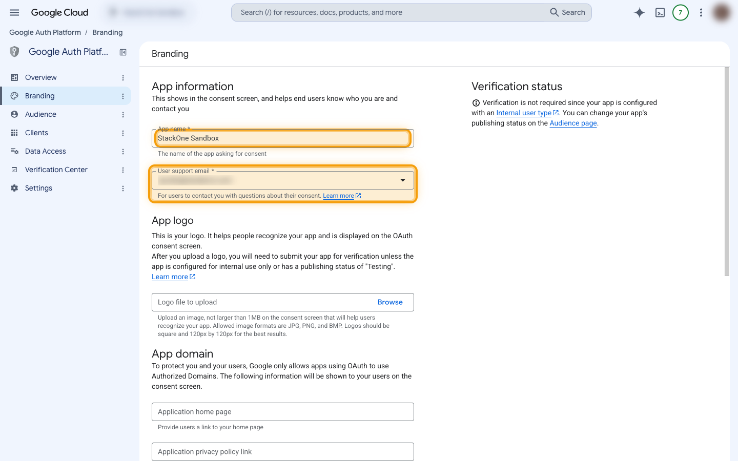 The Branding page with the App name and User support email fields highlighted