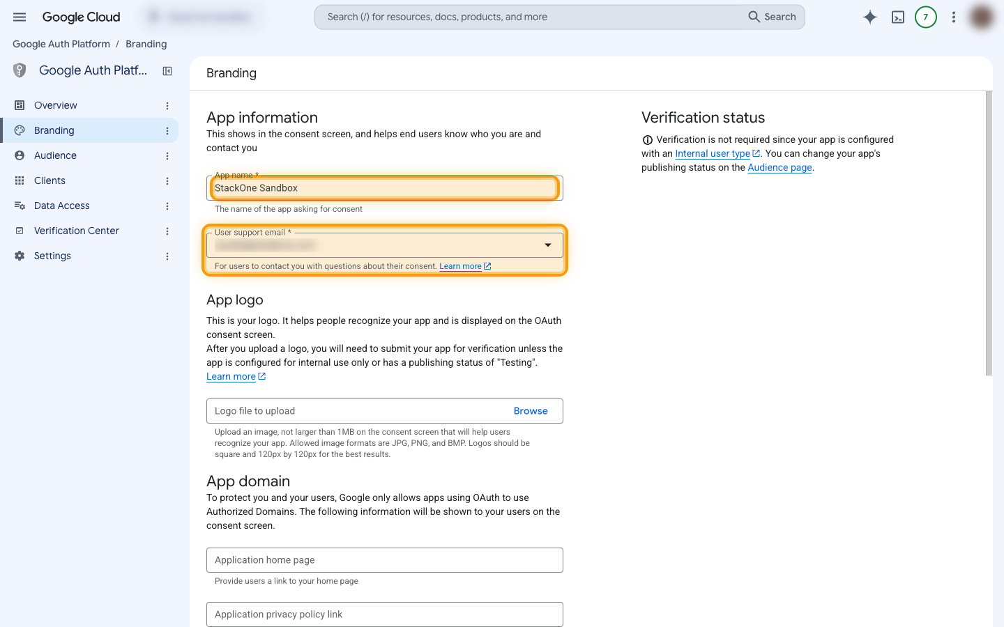The Branding page with the App name and User support email fields highlighted