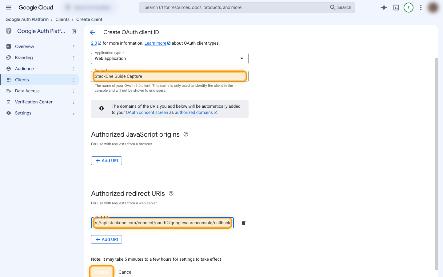 The Create OAuth client ID form with the Name field, redirect URI field and Create button highlighted