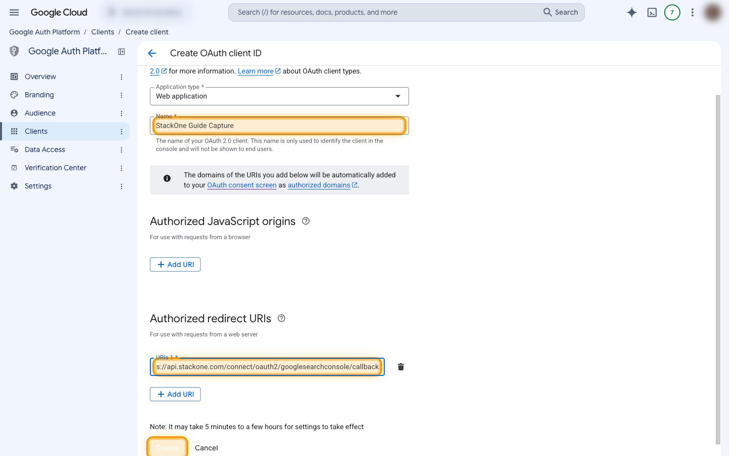 The Create OAuth client ID form with the Name field, redirect URI field and Create button highlighted