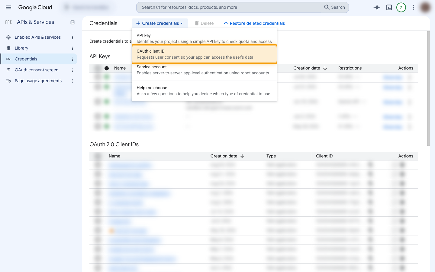 The Credentials page with the Create credentials menu open and OAuth client ID highlighted