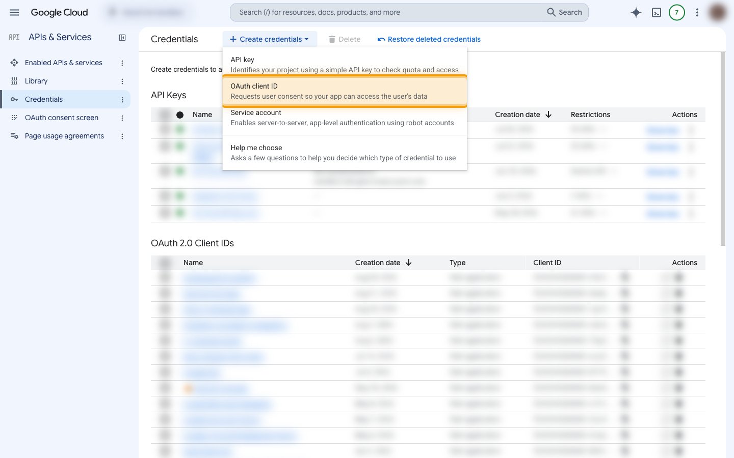 The Credentials page with the Create credentials menu open and OAuth client ID highlighted