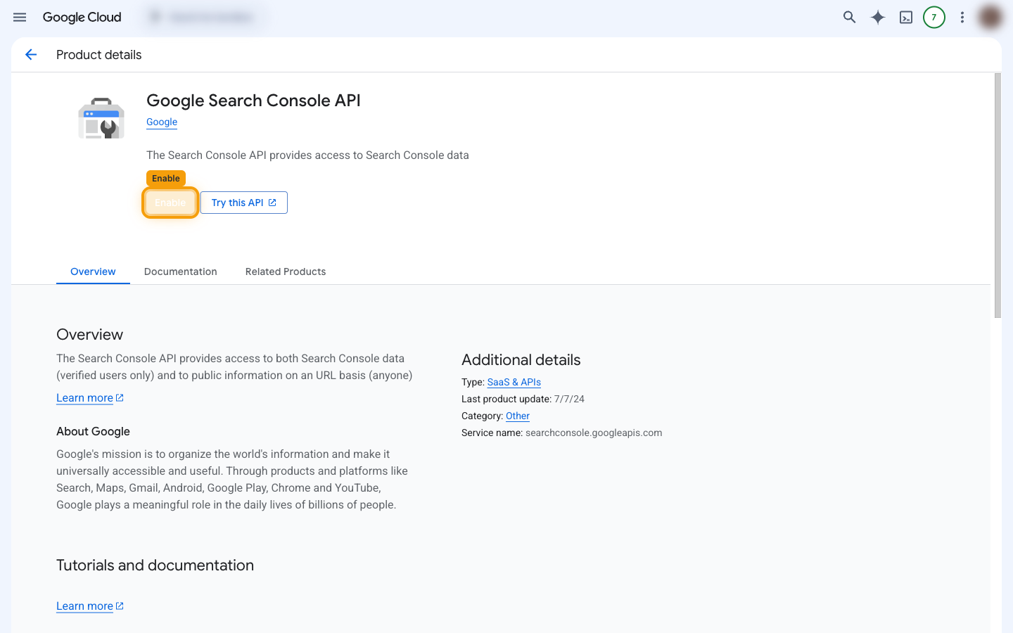 The Google Search Console API product page with the Enable button highlighted