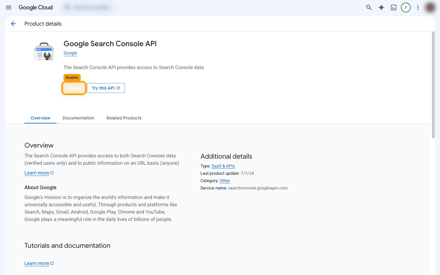 The Google Search Console API product page with the Enable button highlighted