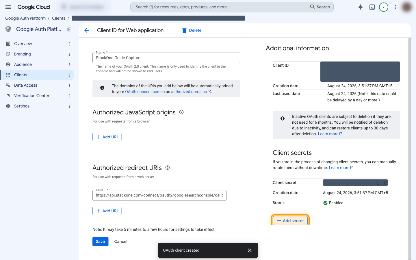 An existing OAuth client page showing Additional information and Client secrets with the Add secret button highlighted