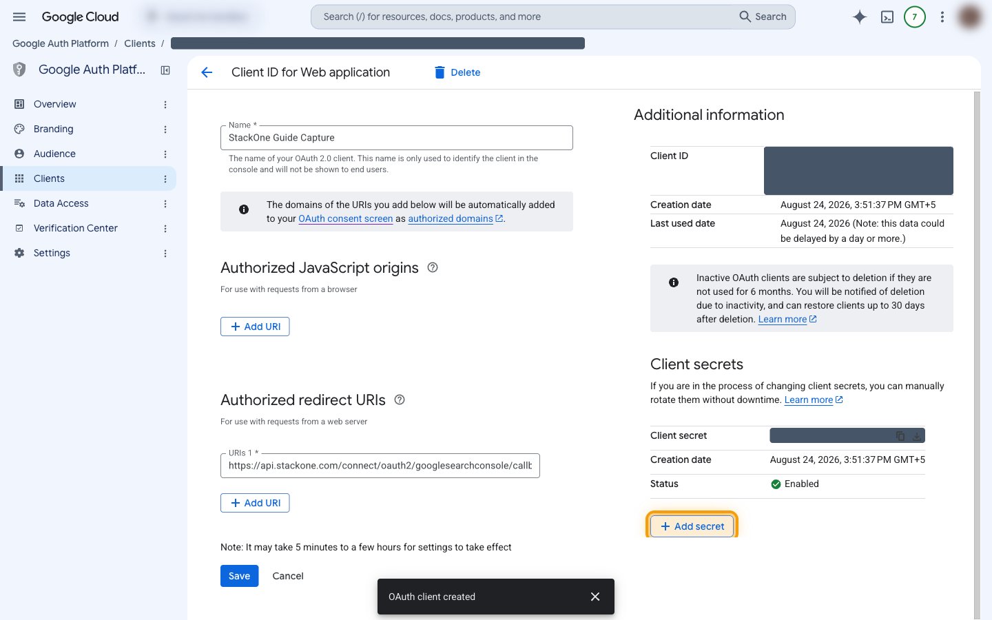 An existing OAuth client page showing Additional information and Client secrets with the Add secret button highlighted