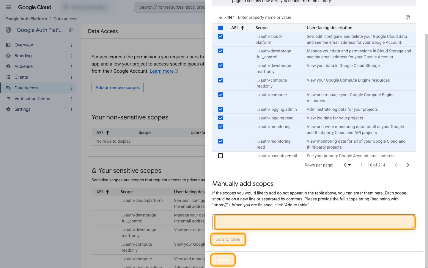 The Manually add scopes section with the text box, Add to table and Update buttons highlighted
