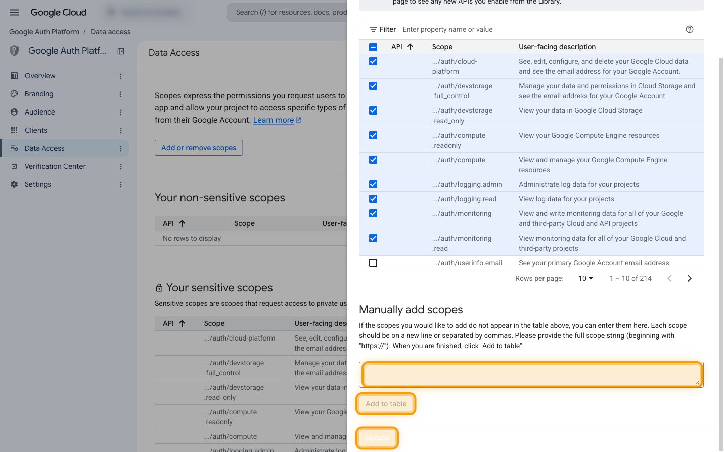 The Manually add scopes section with the text box, Add to table and Update buttons highlighted