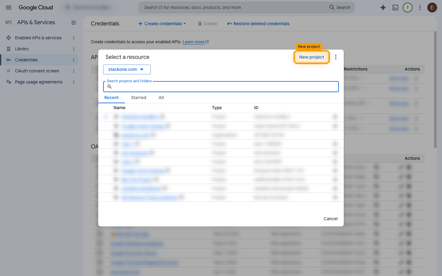 The Select a resource dialog in the Google Cloud console with New project highlighted