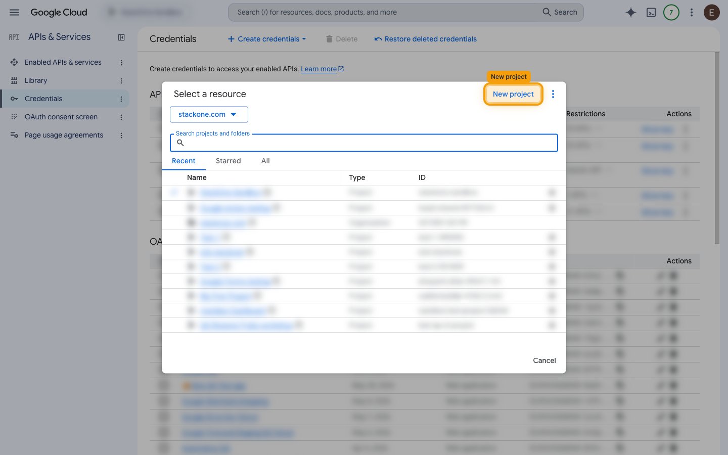 The Select a resource dialog in the Google Cloud console with New project highlighted