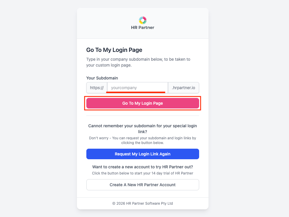 HR Partner subdomain entry page