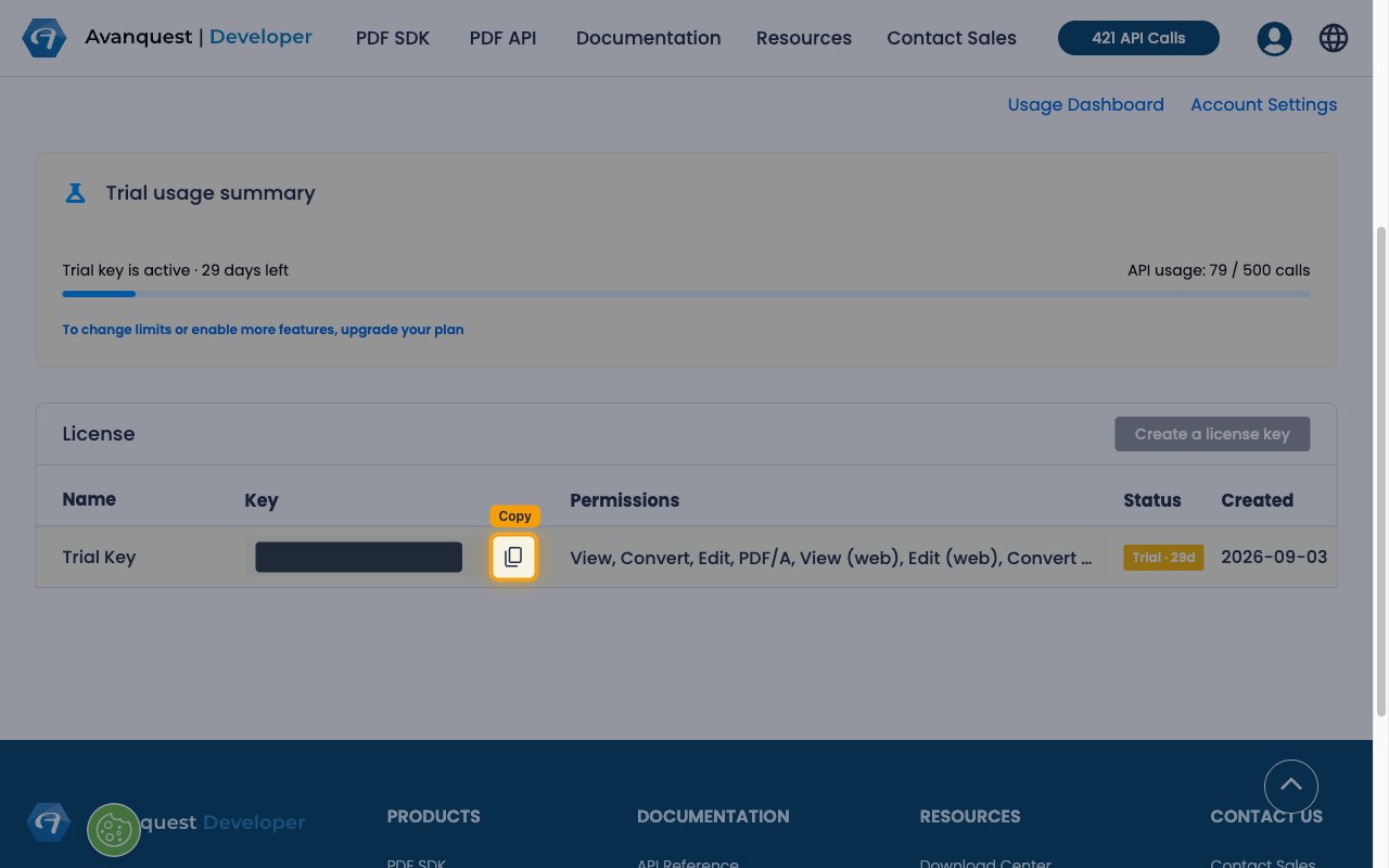 The Manage License Keys page showing the License table with the Key column copy button highlighted