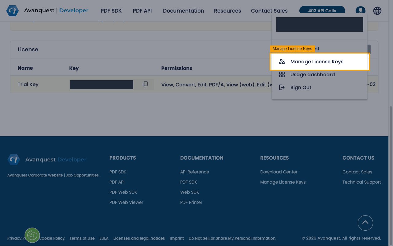 The account menu opened from the account avatar with the Manage License Keys option highlighted