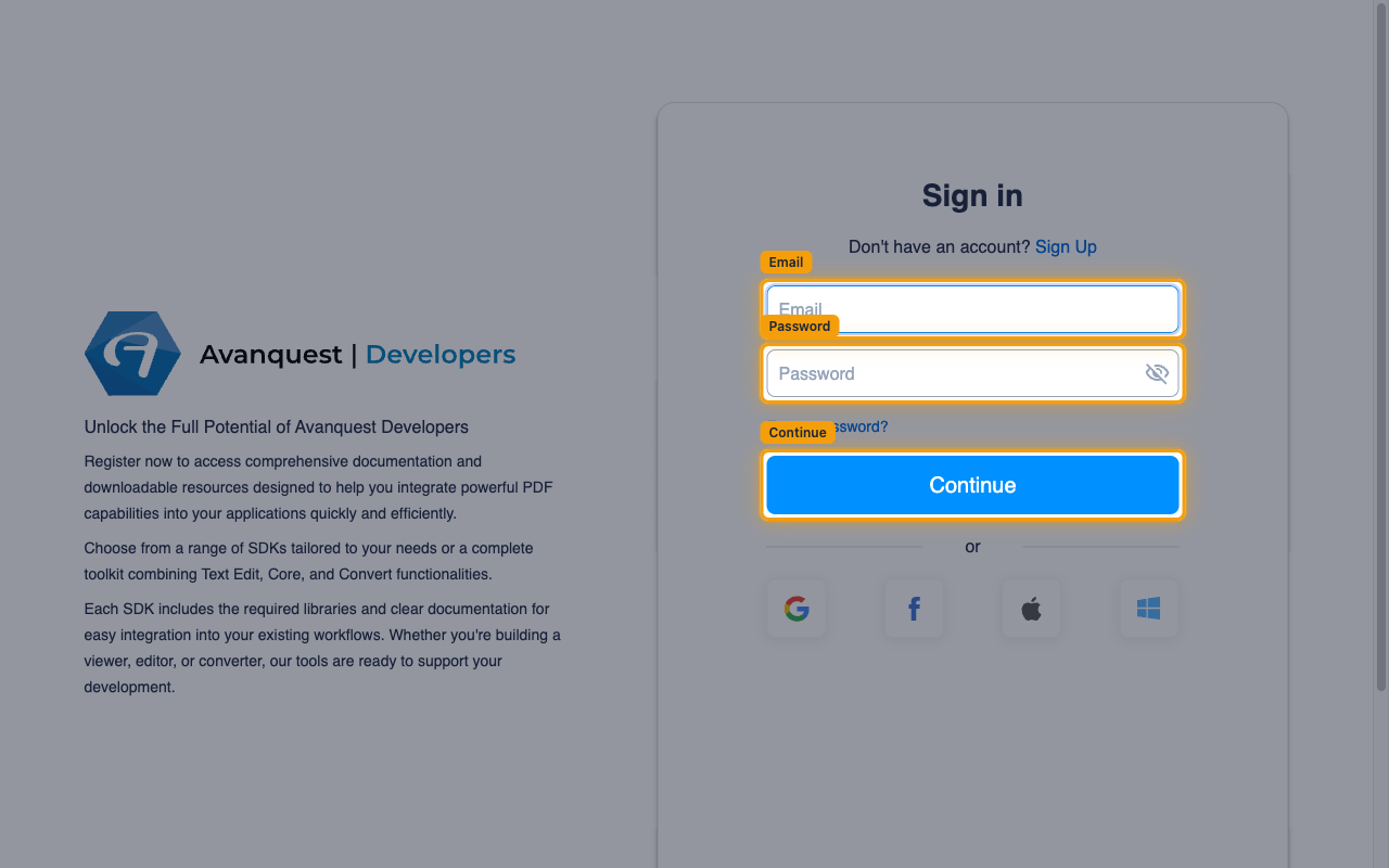 The Avanquest Developer Portal sign-in page with the Email and Password fields and the Continue button