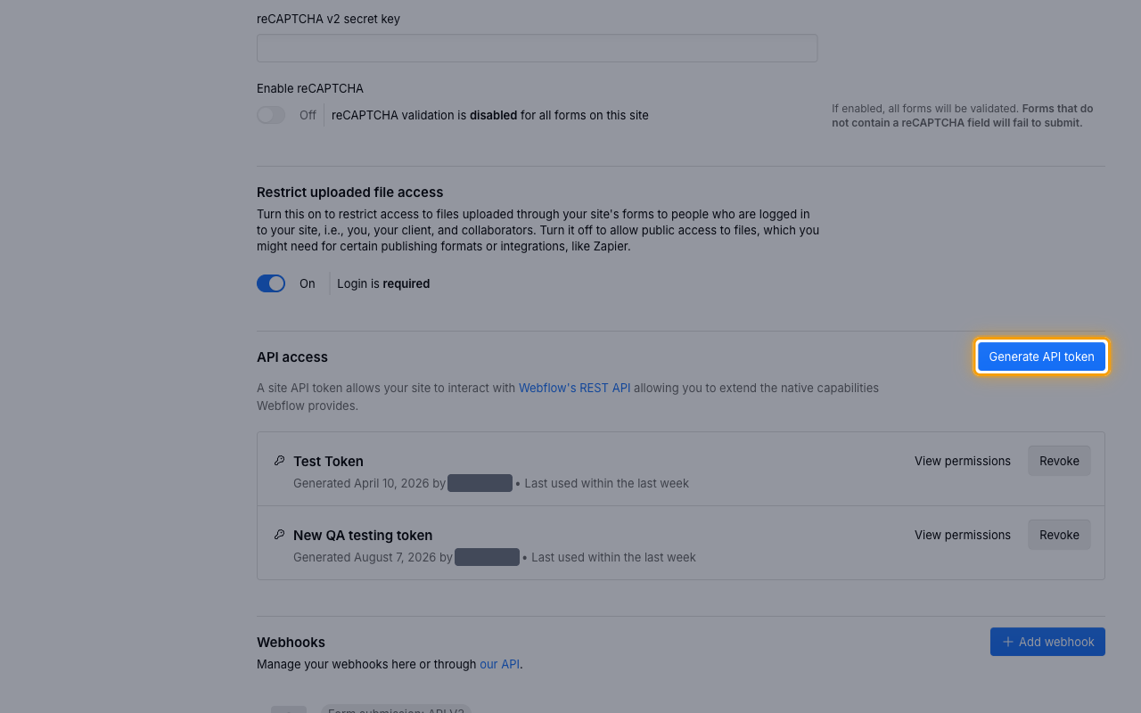 The API access section with the Generate API token button highlighted