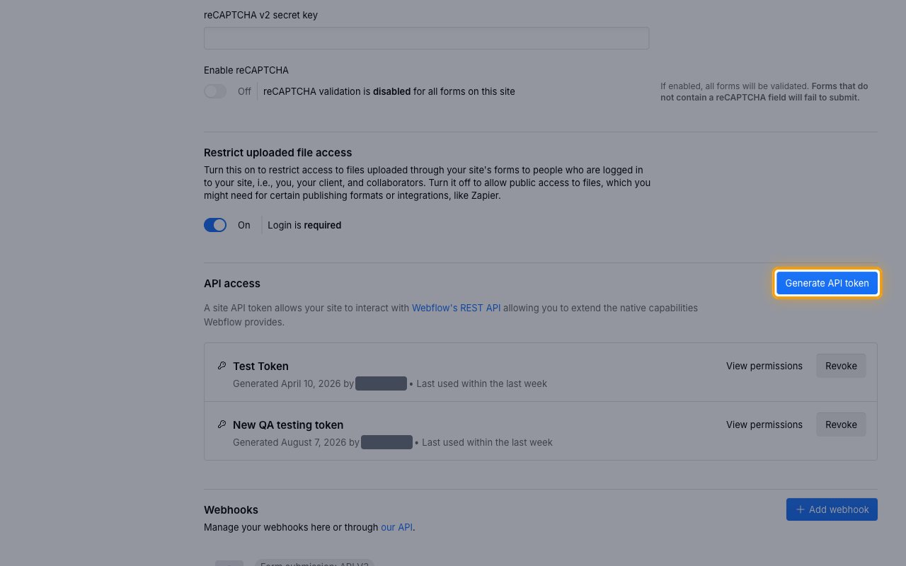 The API access section with the Generate API token button highlighted