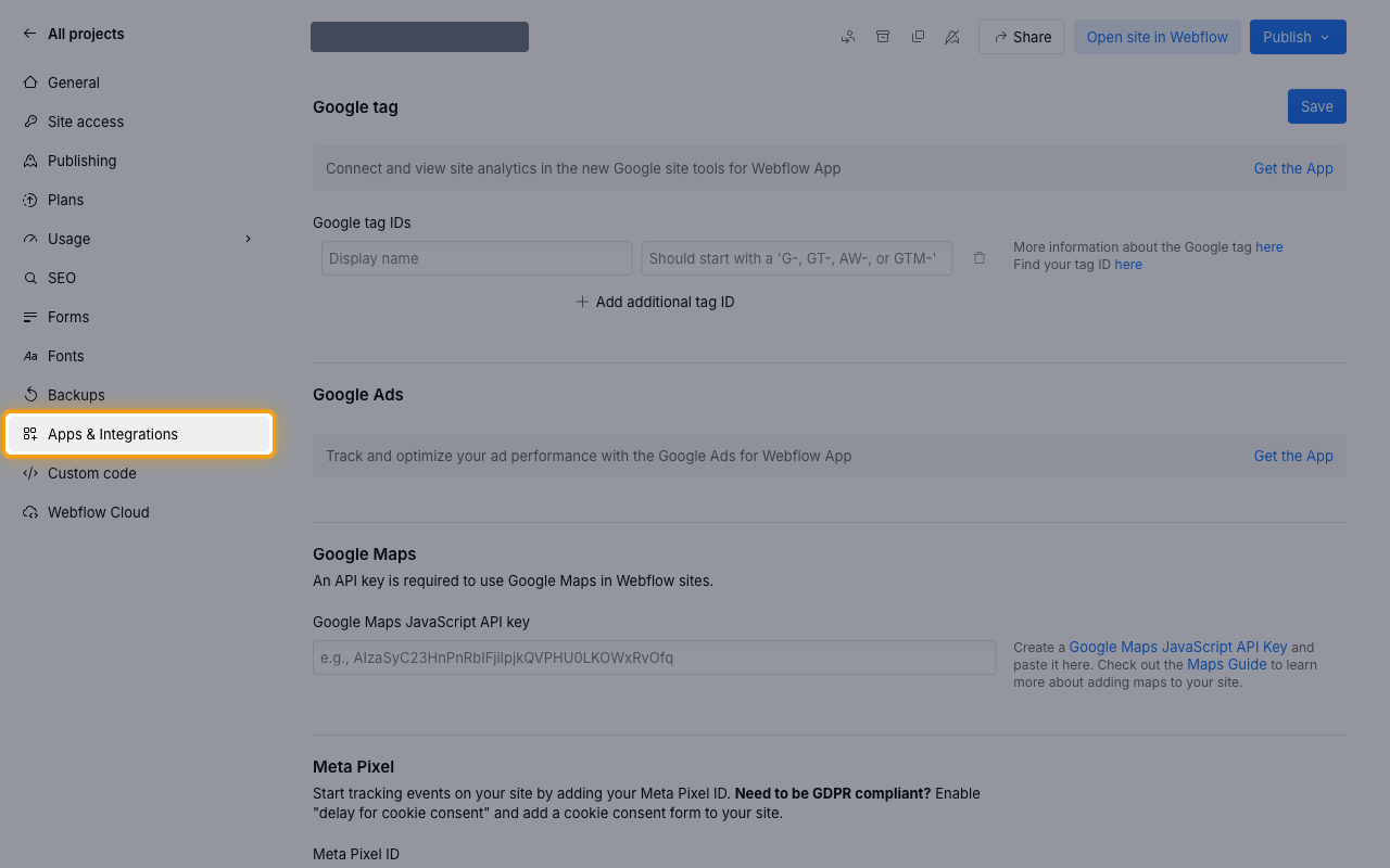 The site settings sidebar with Apps & Integrations highlighted