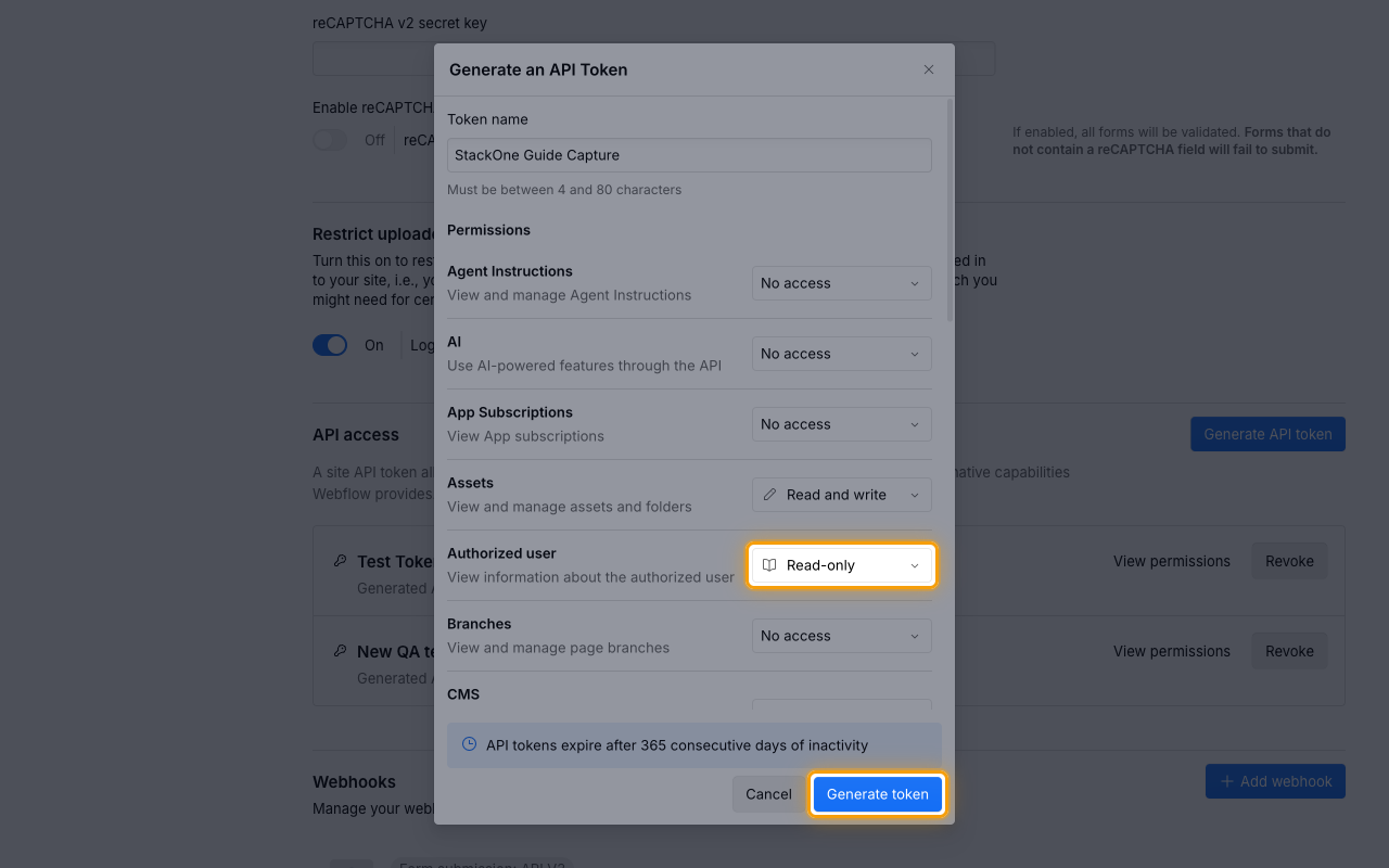 The Generate an API Token dialog with the Token name filled in, Authorized user set to Read-only, and Generate token highlighted