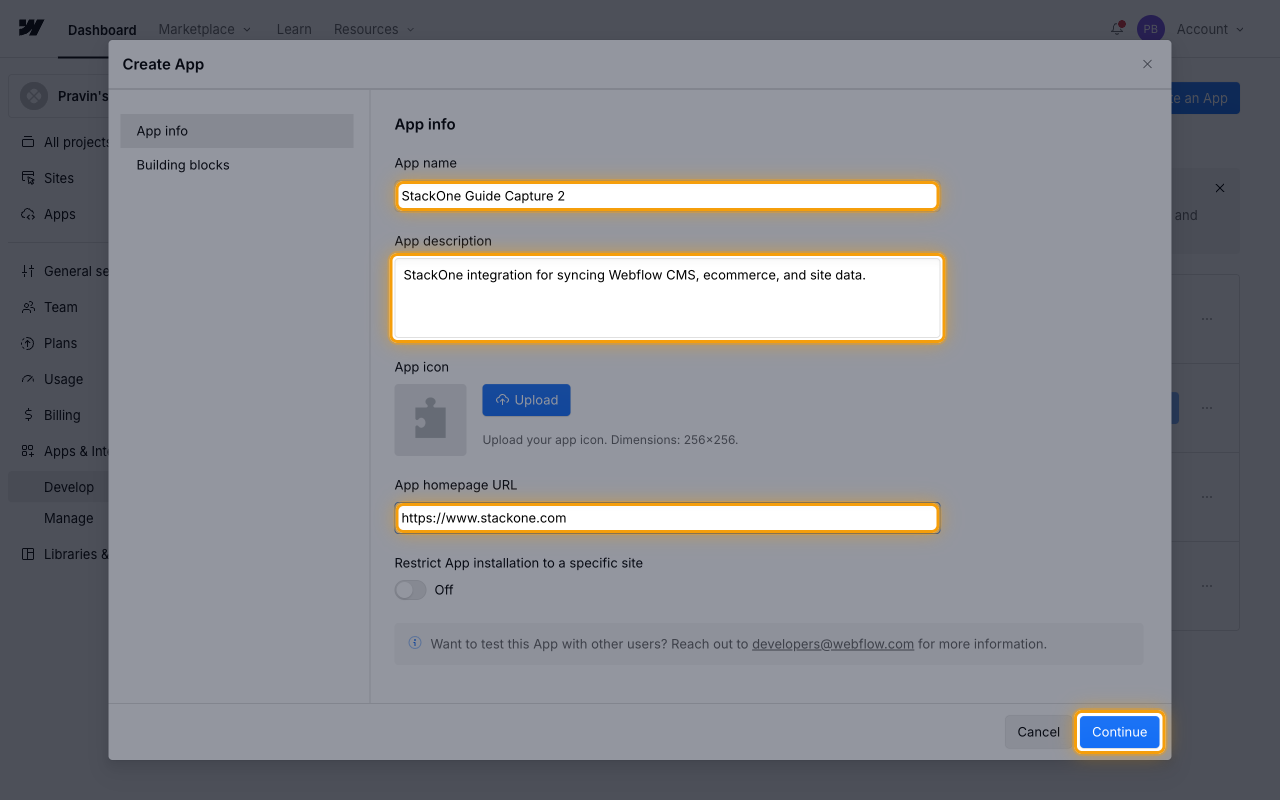 The Create App dialog on the App info tab with App name, App description, App homepage URL, and Continue highlighted