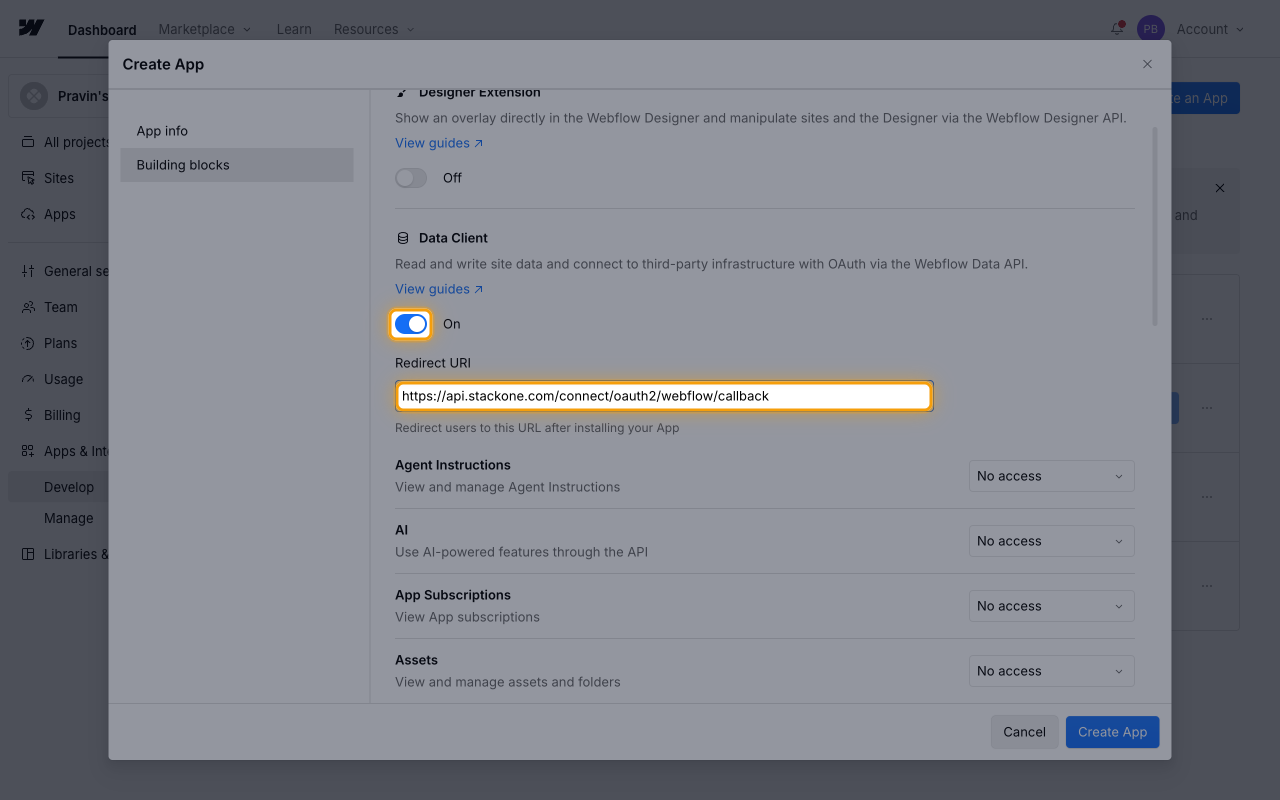 The Building blocks tab with the Data Client toggle On and the Redirect URI field filled in