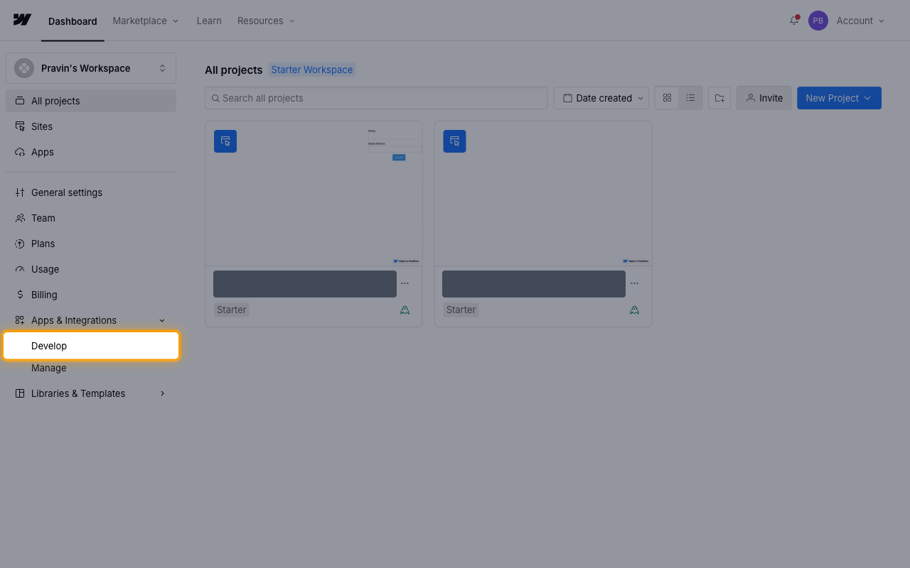 The workspace sidebar with Apps & Integrations expanded and Develop highlighted