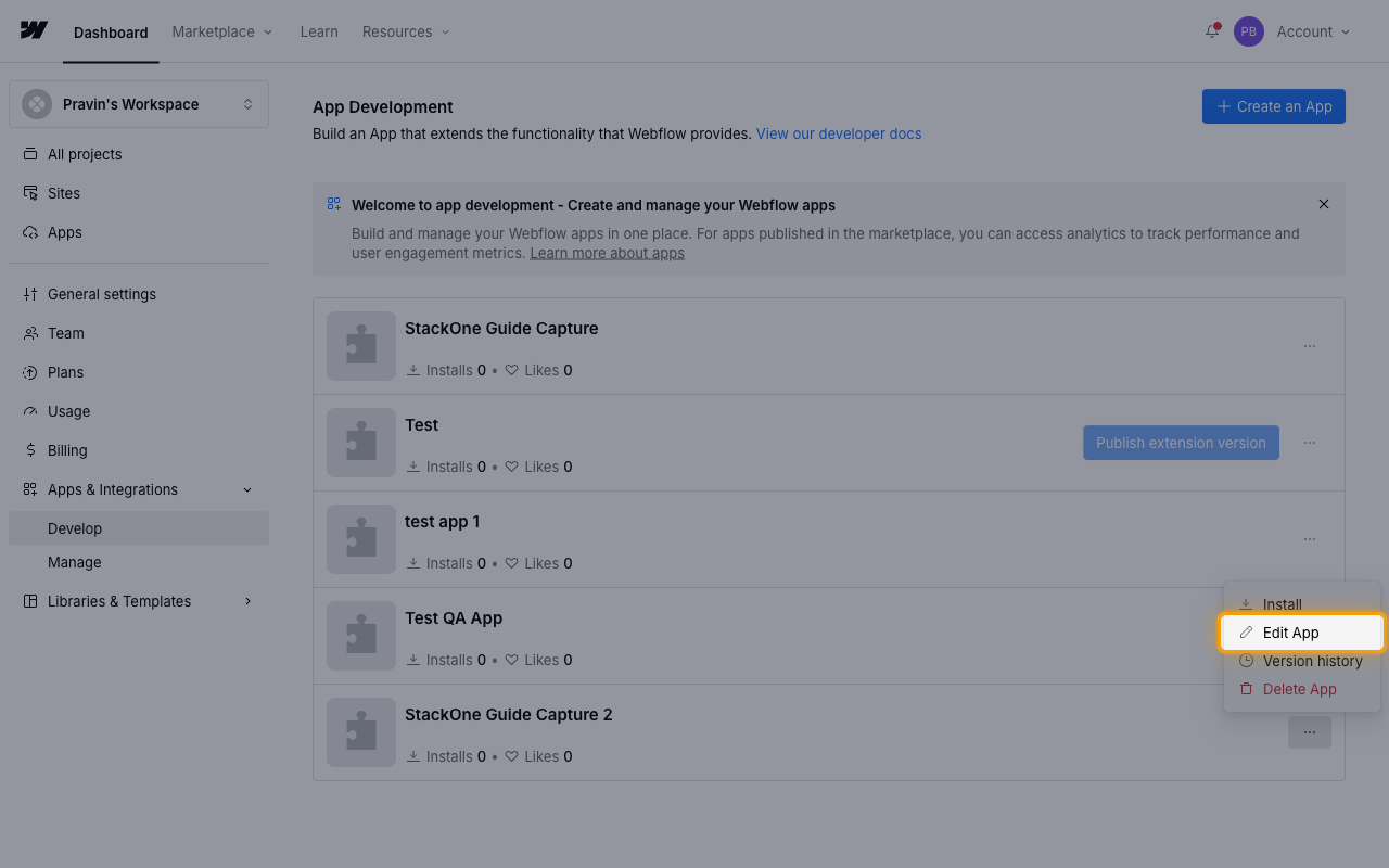 The App options menu showing Install, Edit App, Version history, and Delete App