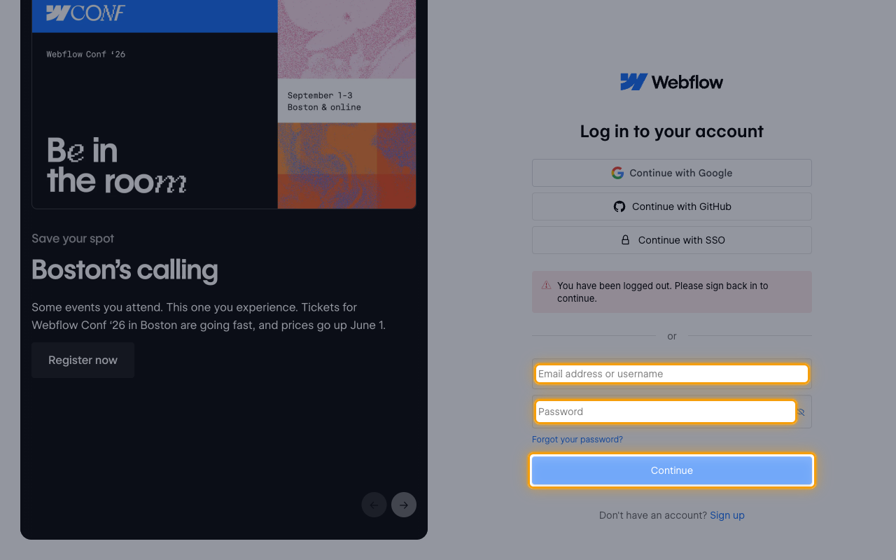 The Webflow login page with the email, password, and Continue fields highlighted