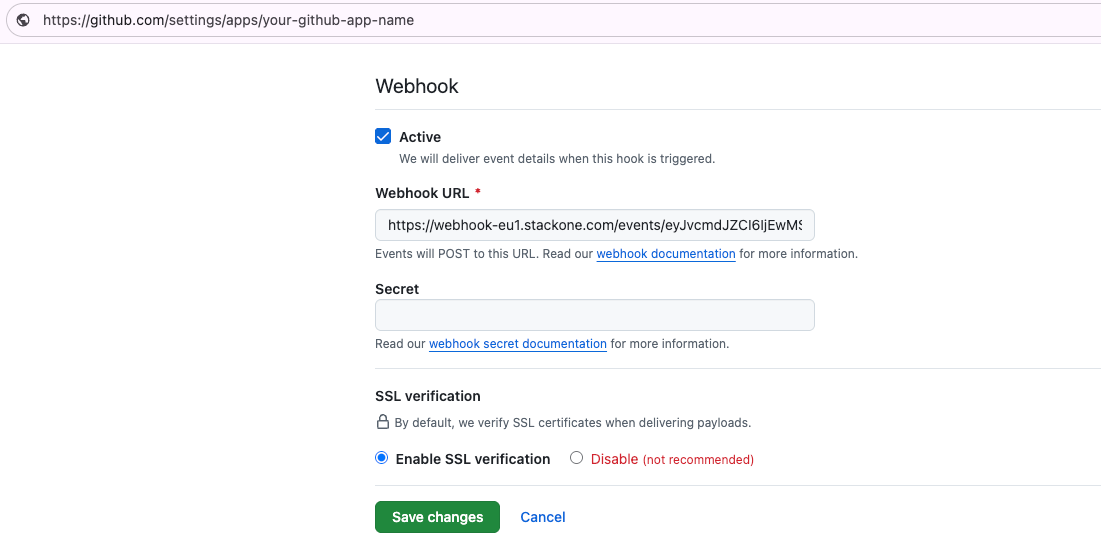 GitHub App developer settings webhook form
