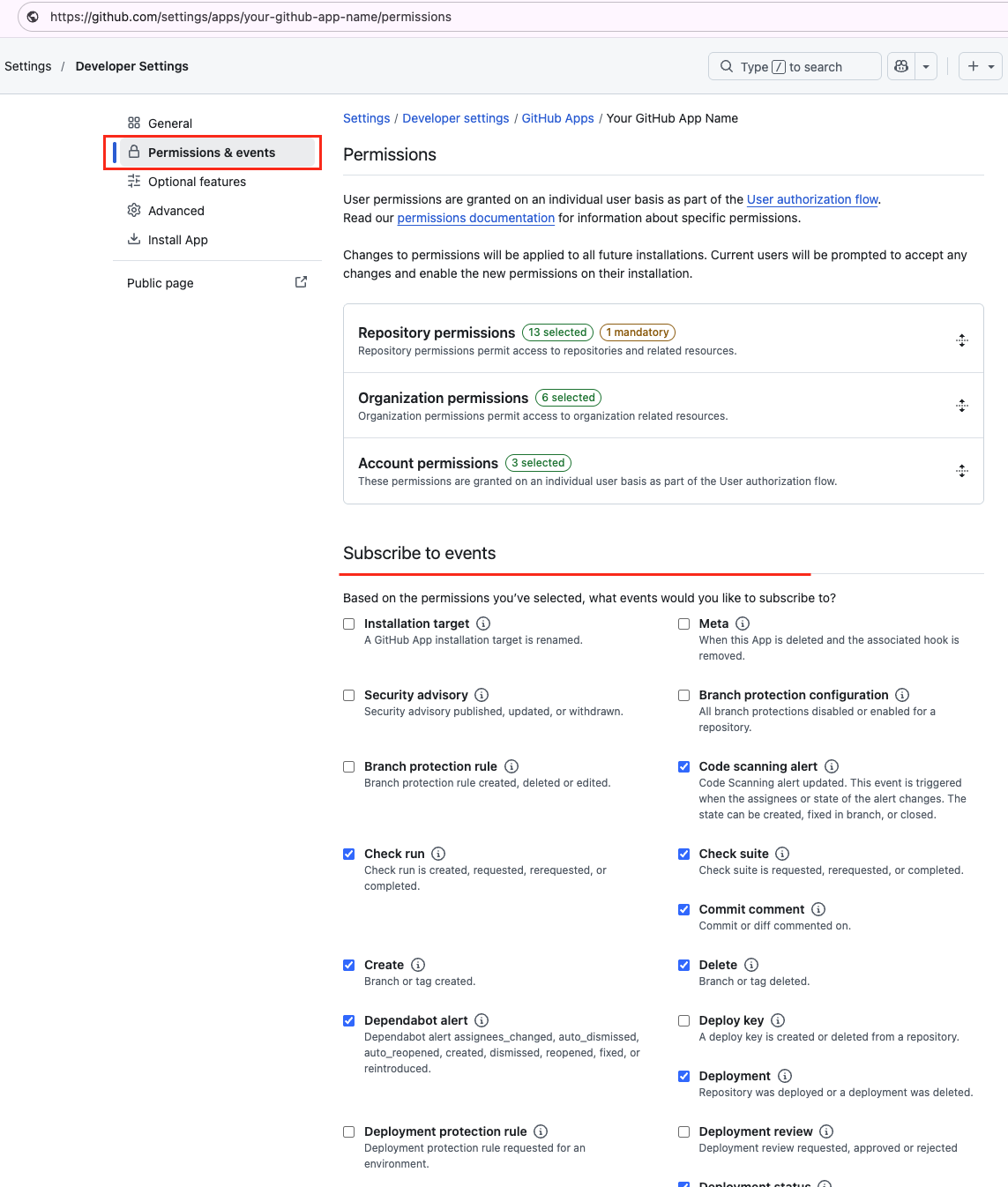 GitHub App event subscriptions