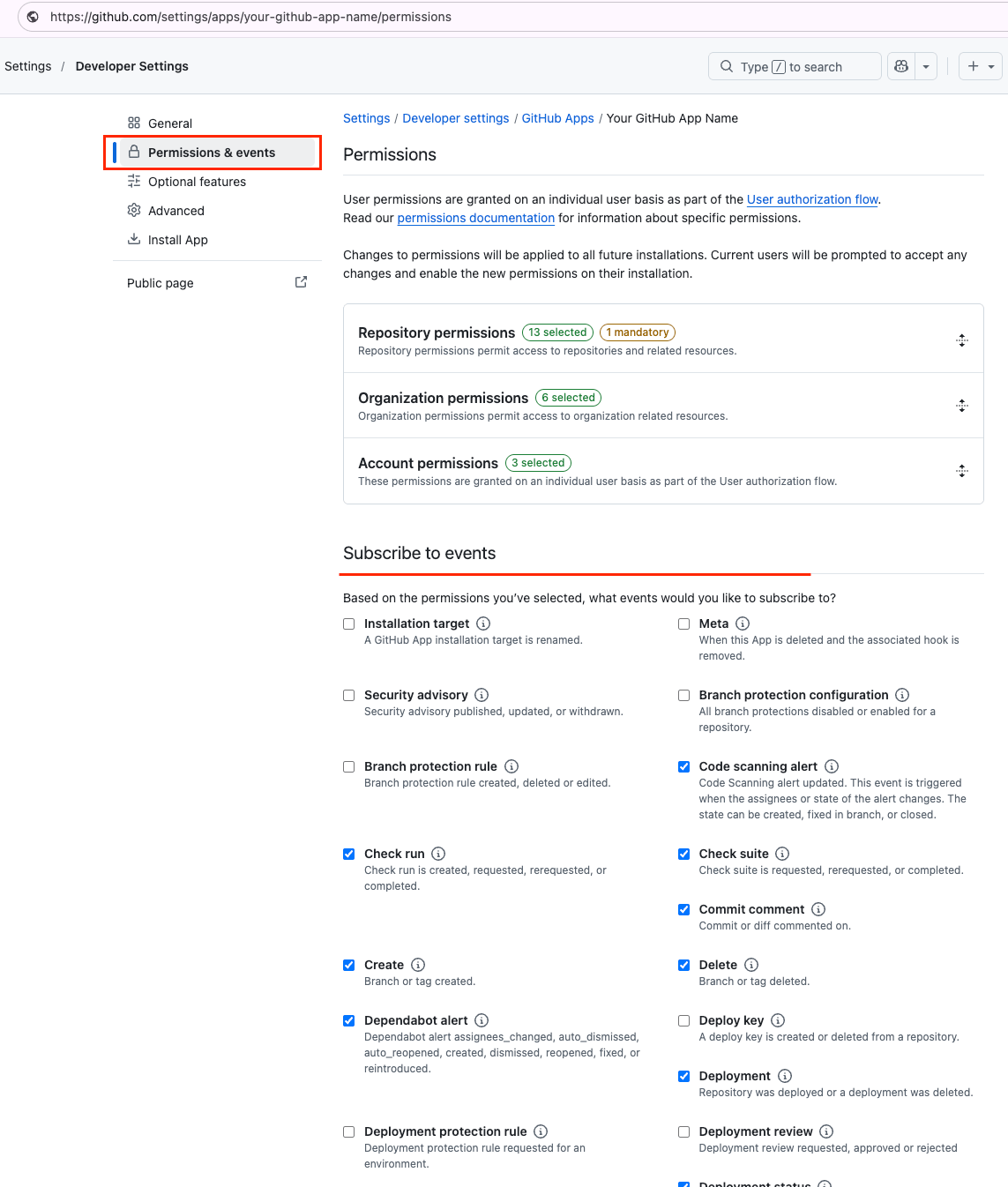 GitHub App event subscriptions
