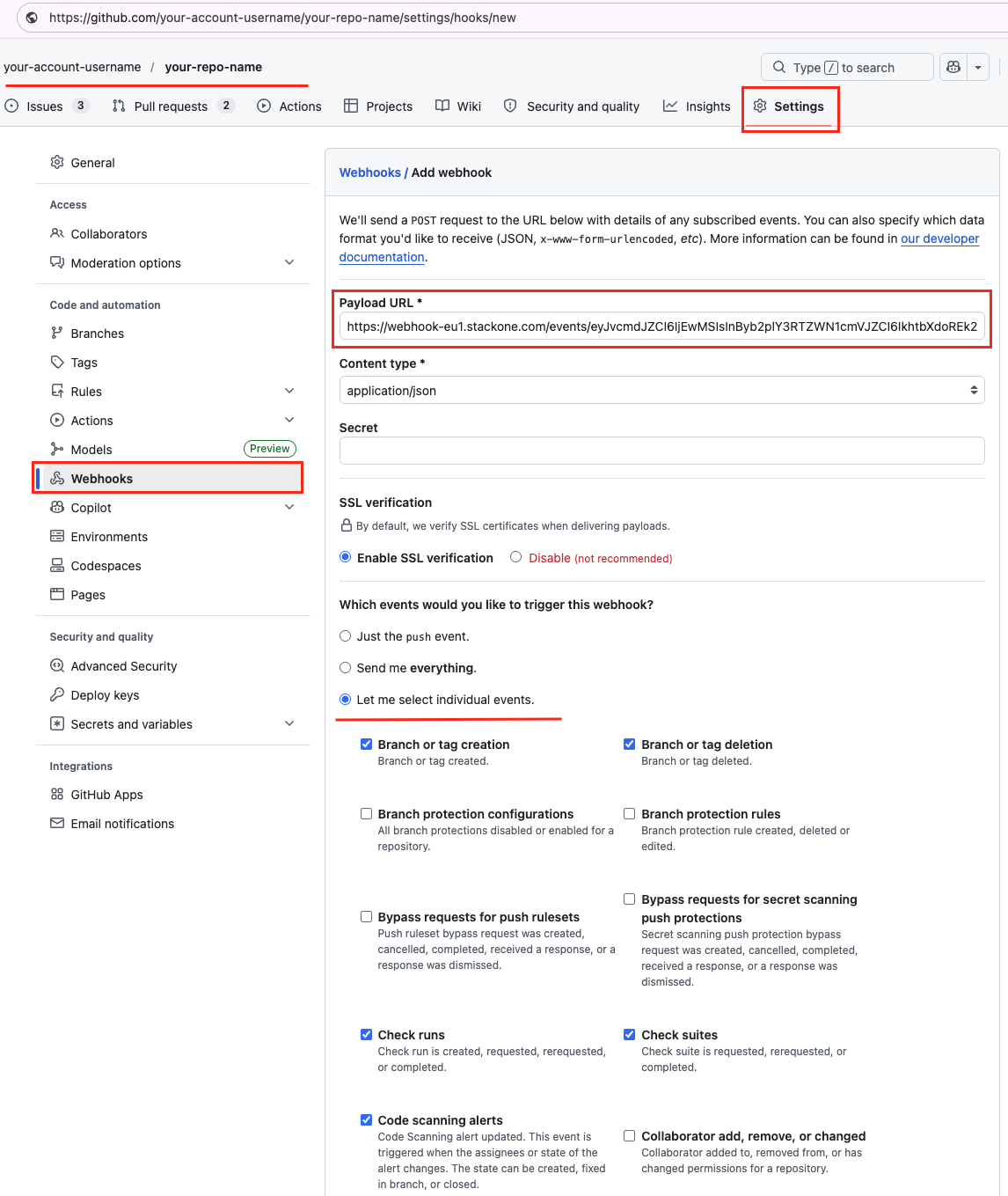 GitHub repository webhook form