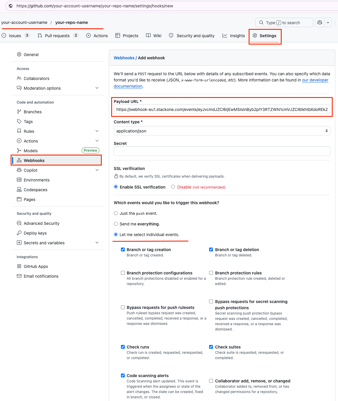 GitHub repository webhook form