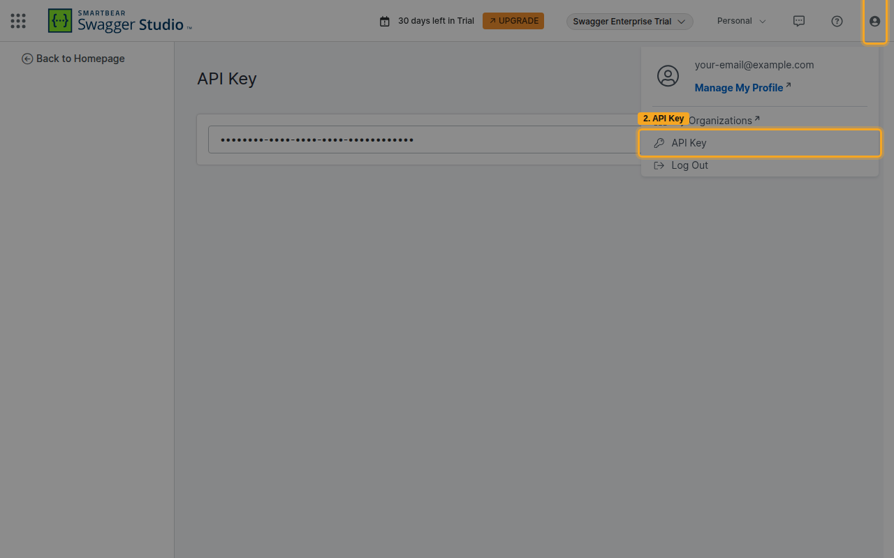 The Swagger Studio user profile menu with the API Key item highlighted