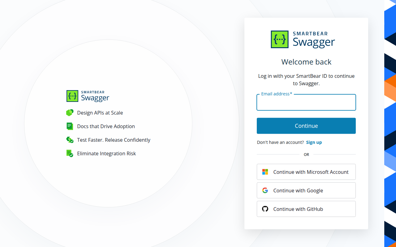 The SmartBear ID Welcome back sign-in screen for Swagger