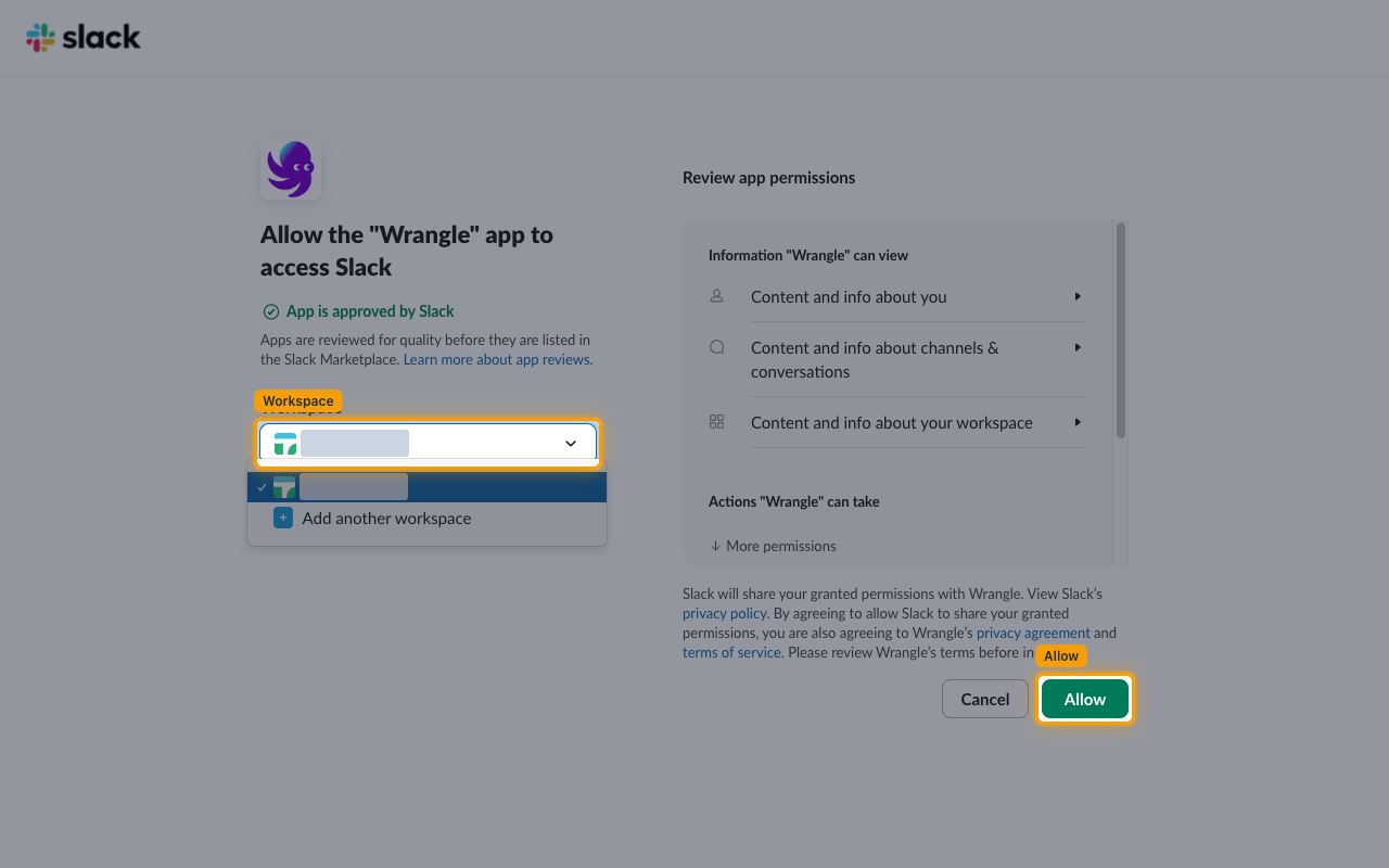 The Slack consent screen for the Wrangle app with the Workspace picker and Allow button highlighted