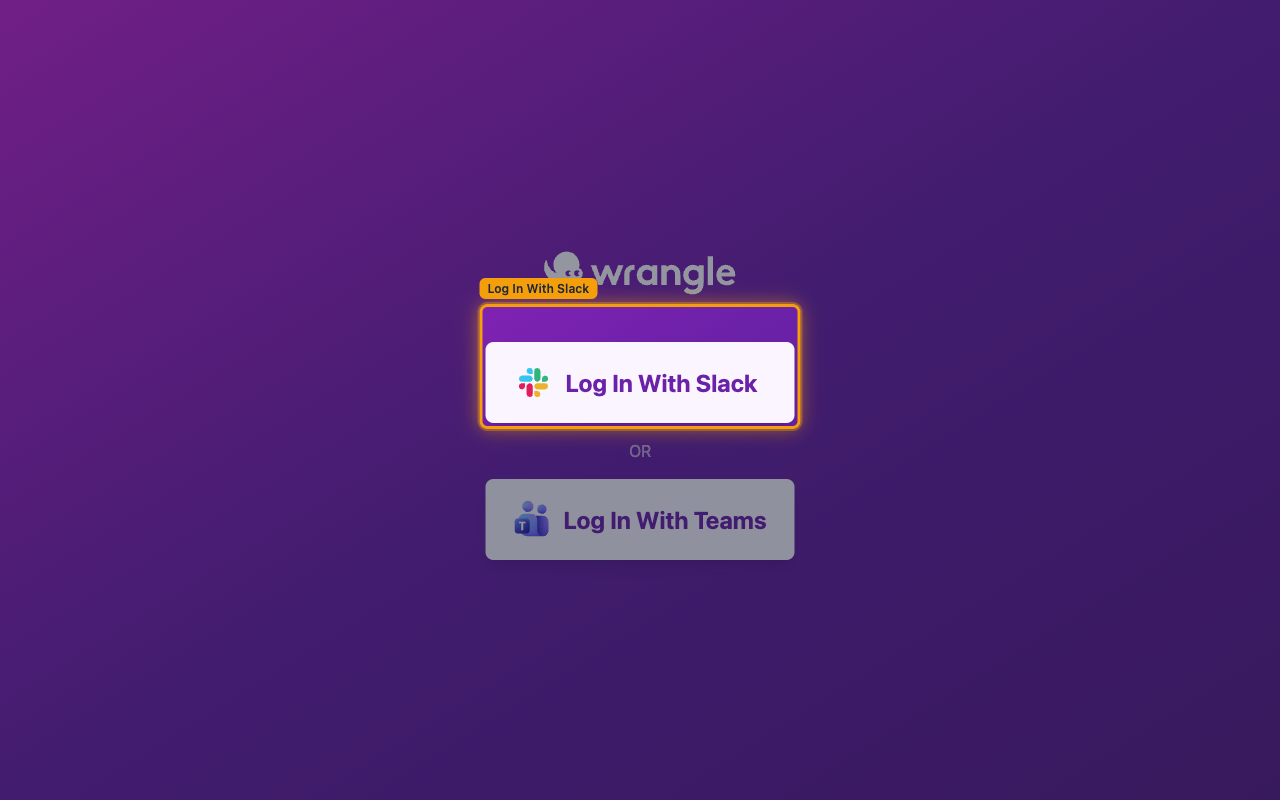 The Wrangle login page with the Log In With Slack button highlighted
