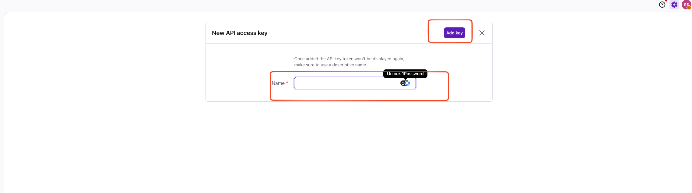 New API access key dialog with the Name field and Add key button