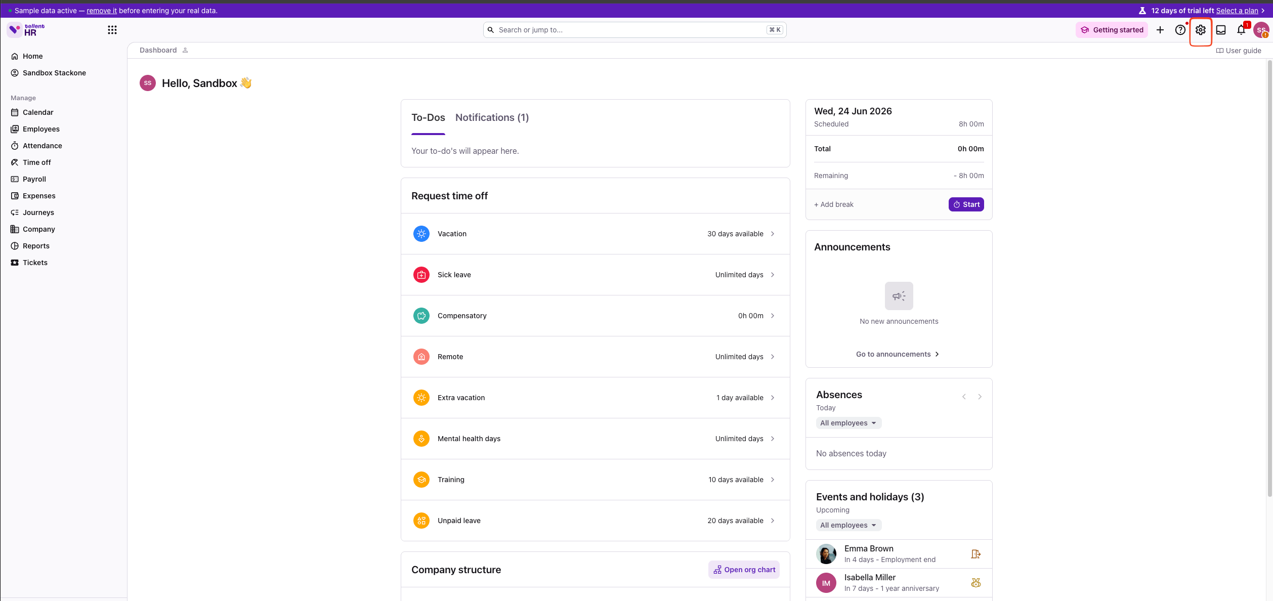 Tellent HR dashboard with the Settings gear icon in the top-right