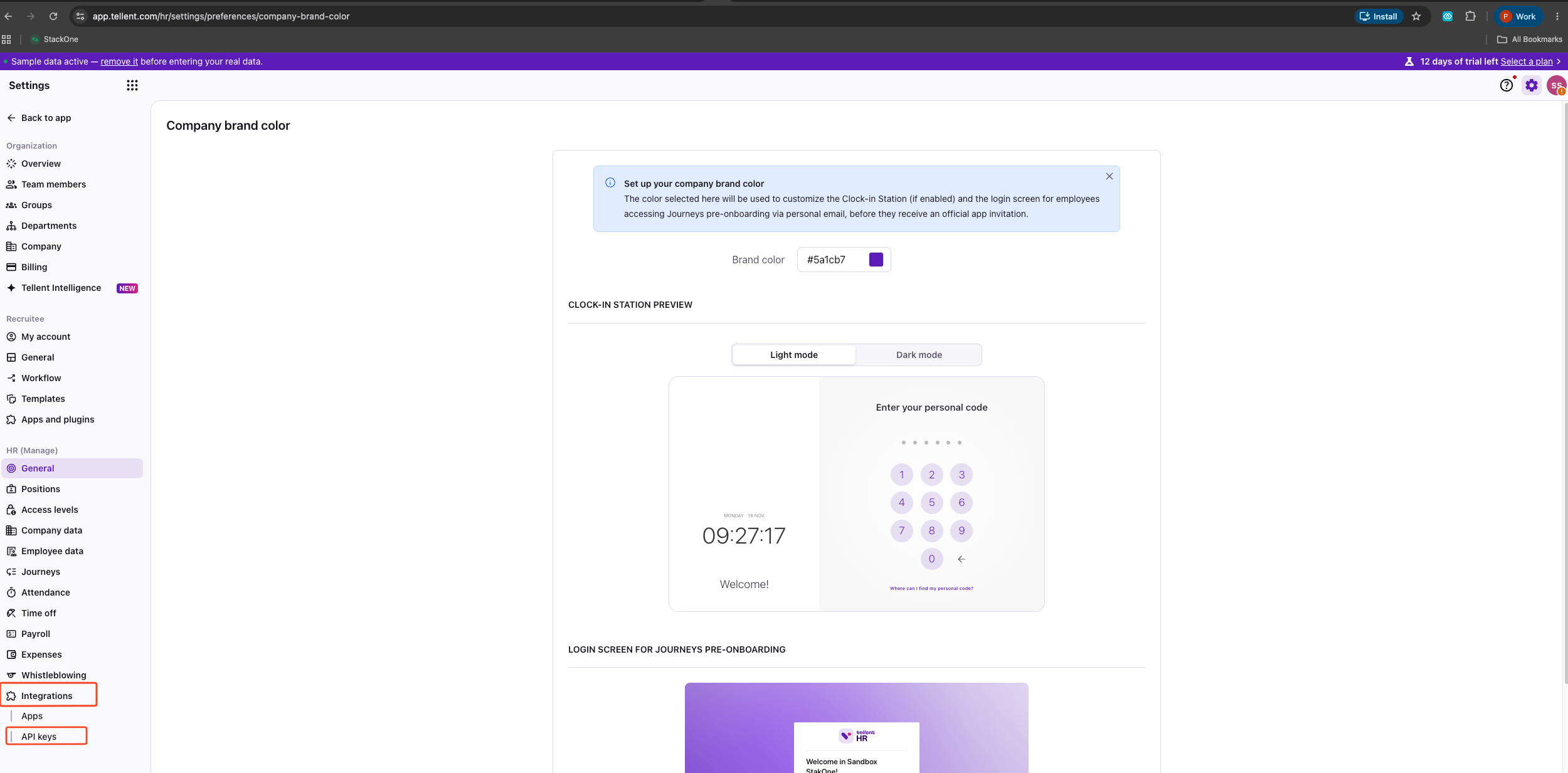 Settings sidebar with Integrations expanded showing API keys