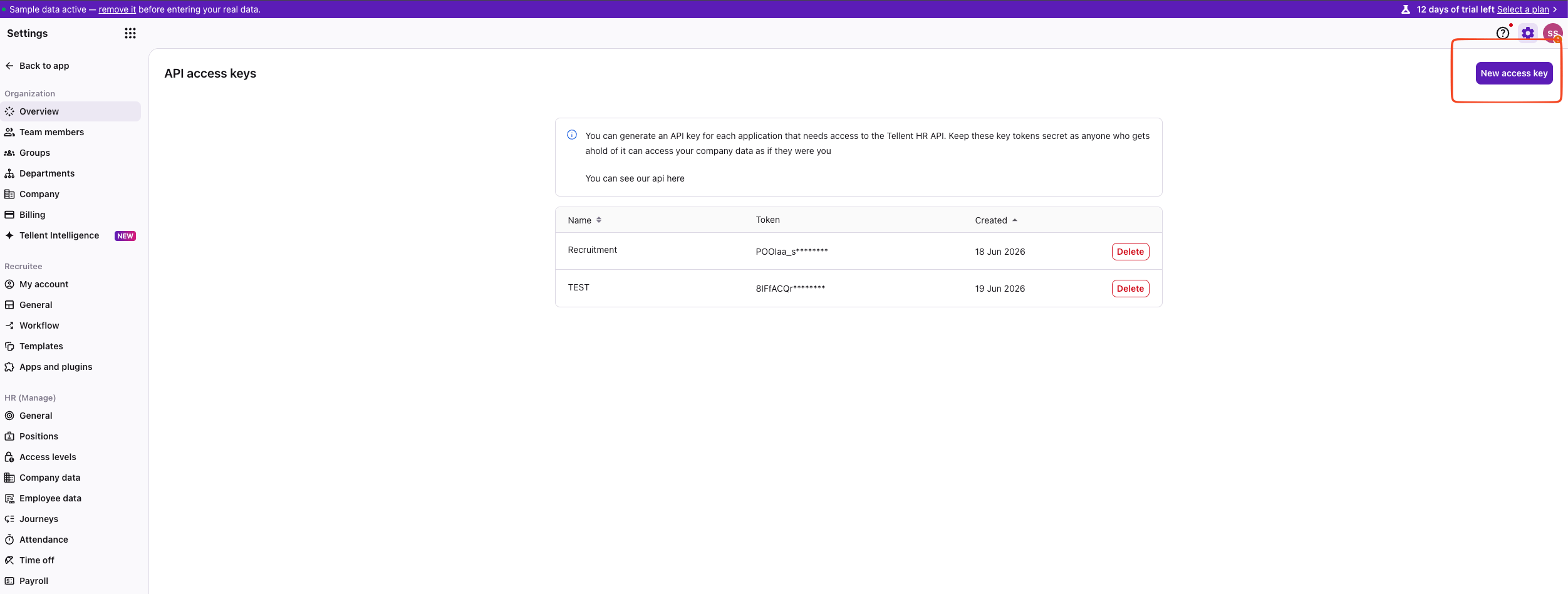 API access keys page with the New access key button