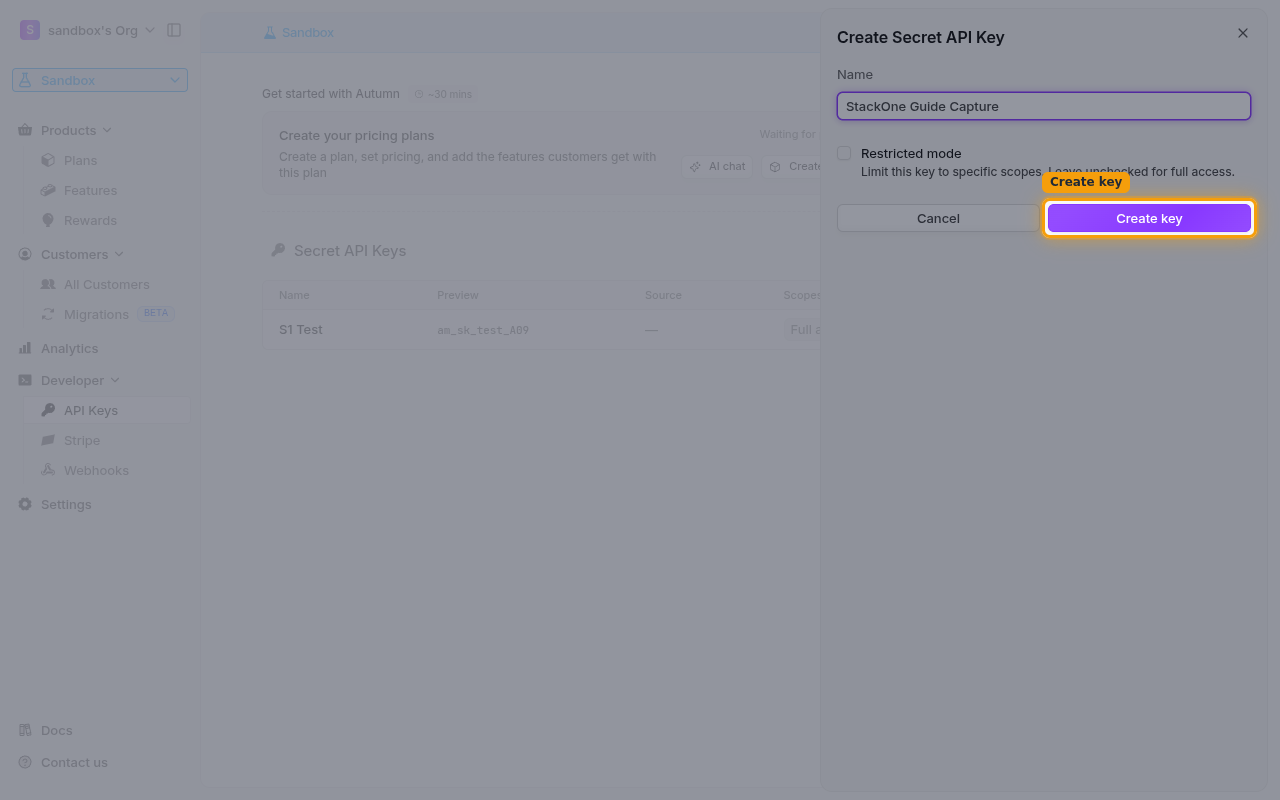 The Create Secret API Key dialog with a name entered and Restricted mode unchecked