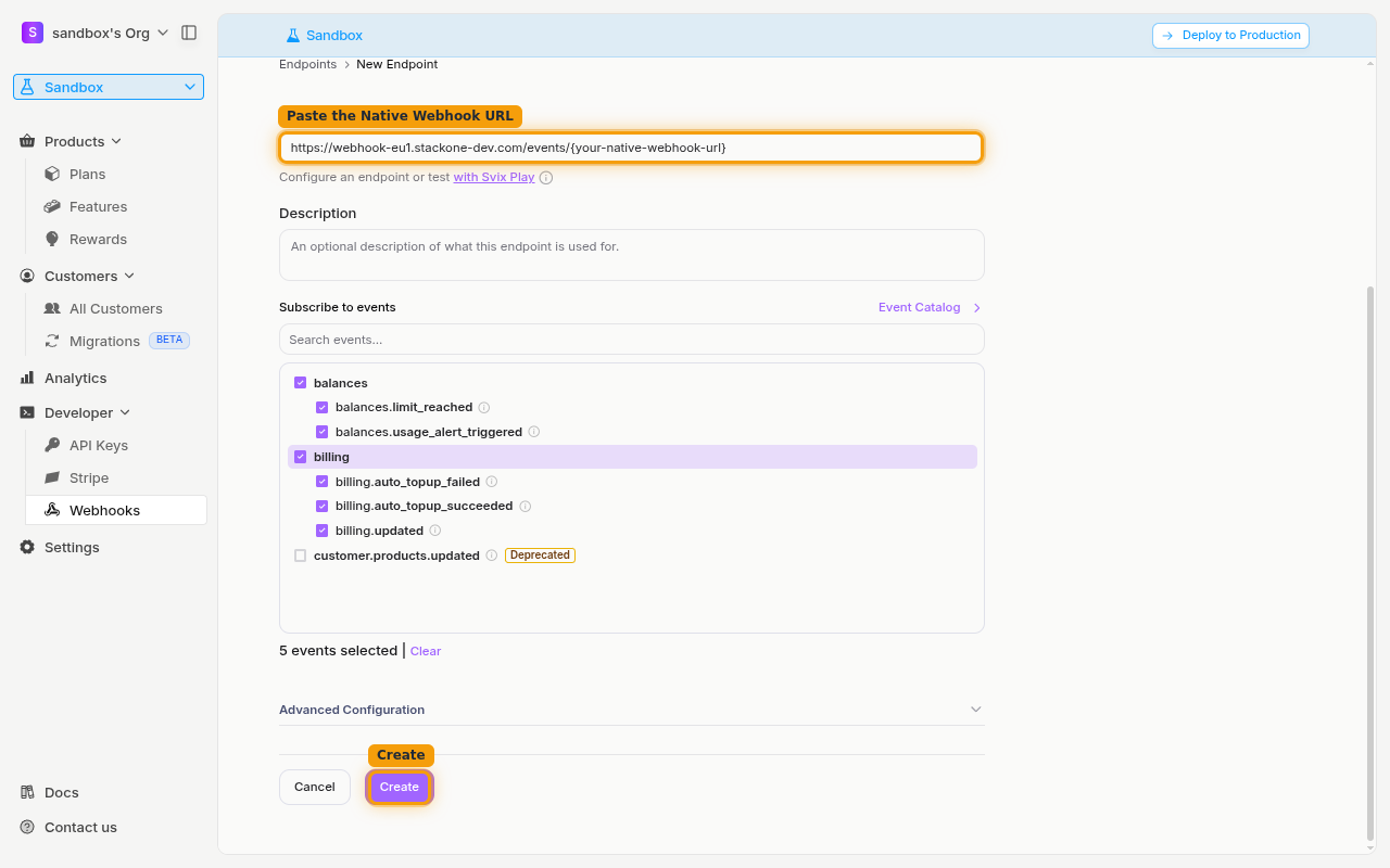 The New Endpoint form with the Endpoint URL field, the balances and billing events selected, and the Create button