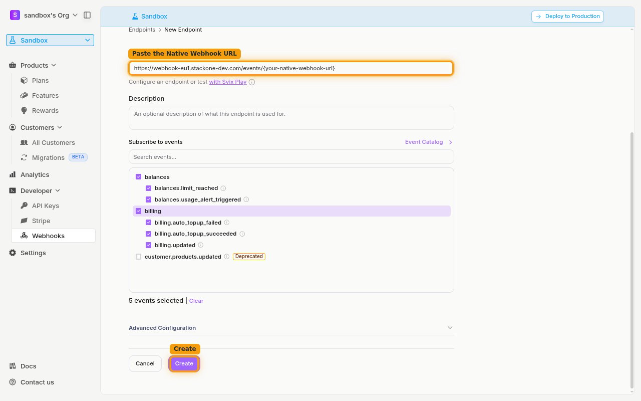The New Endpoint form with the Endpoint URL field, the balances and billing events selected, and the Create button