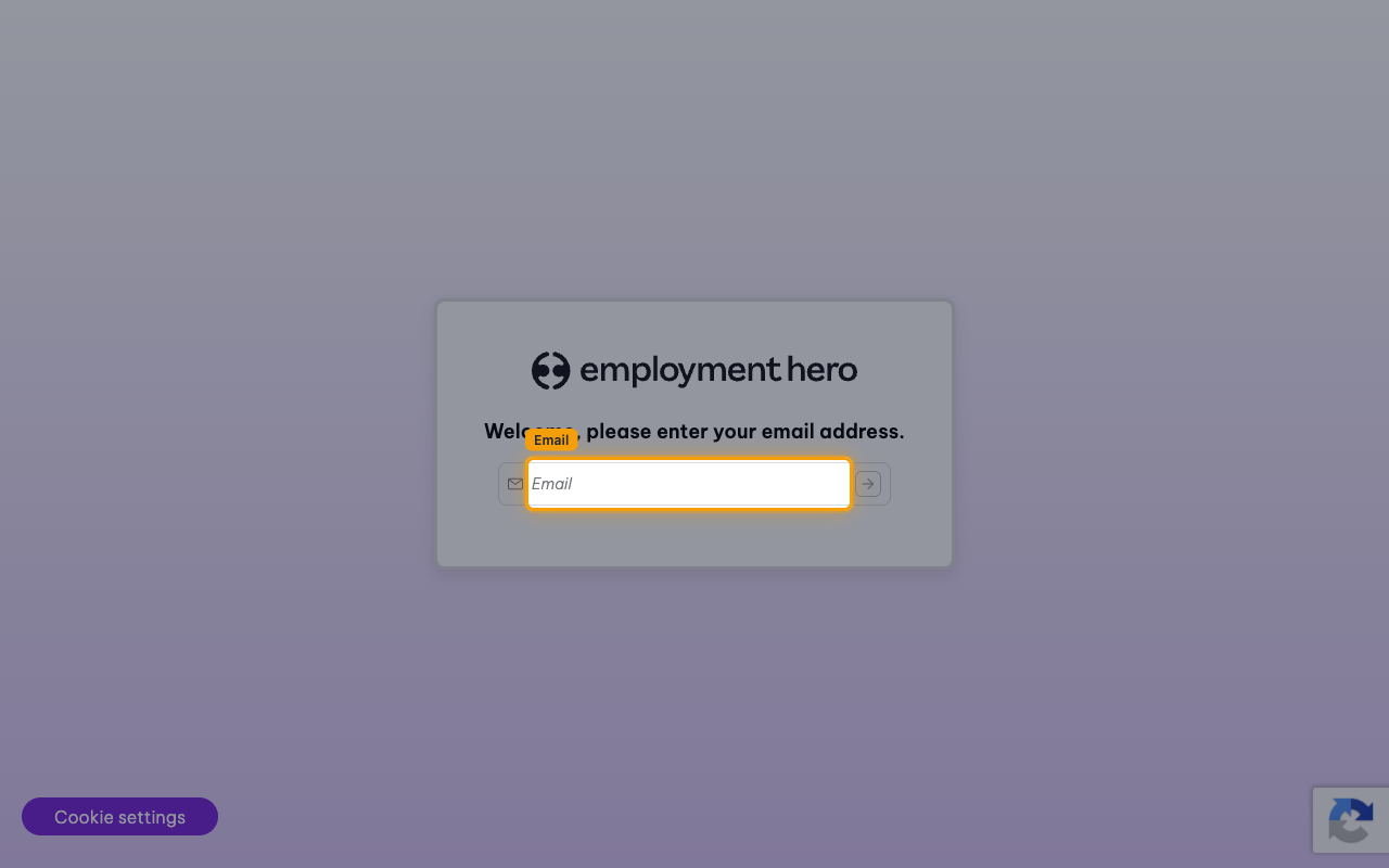 The Employment Hero sign-in page with the Email field highlighted