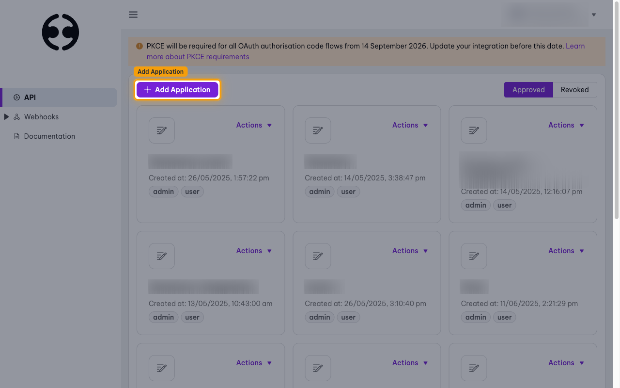 The Developer Portal API page with the Add Application button highlighted
