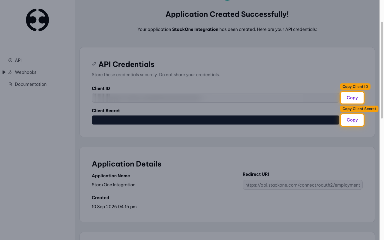 The API Credentials screen with the Copy buttons for Client ID and Client Secret highlighted