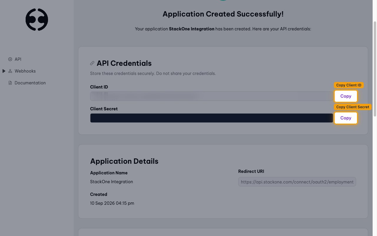 The API Credentials screen with the Copy buttons for Client ID and Client Secret highlighted