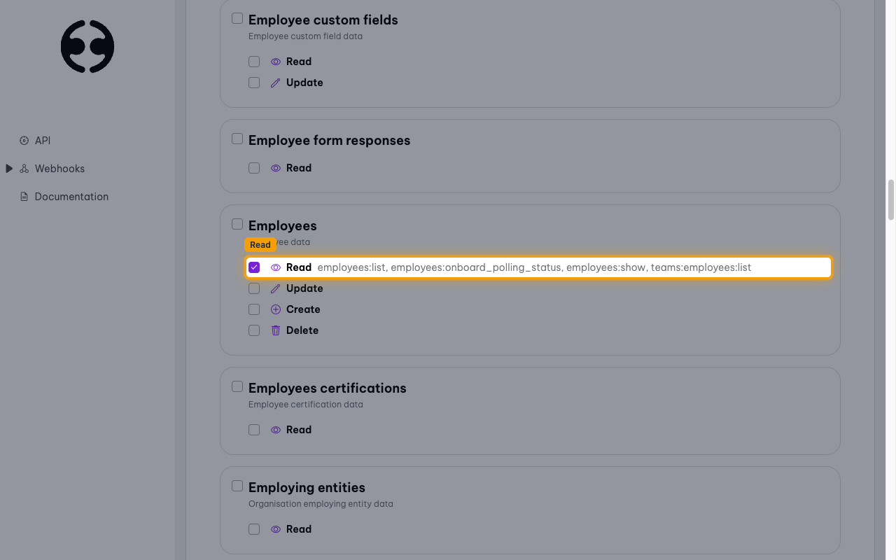 The API Scopes section with the Read scope selected for the Employees resource