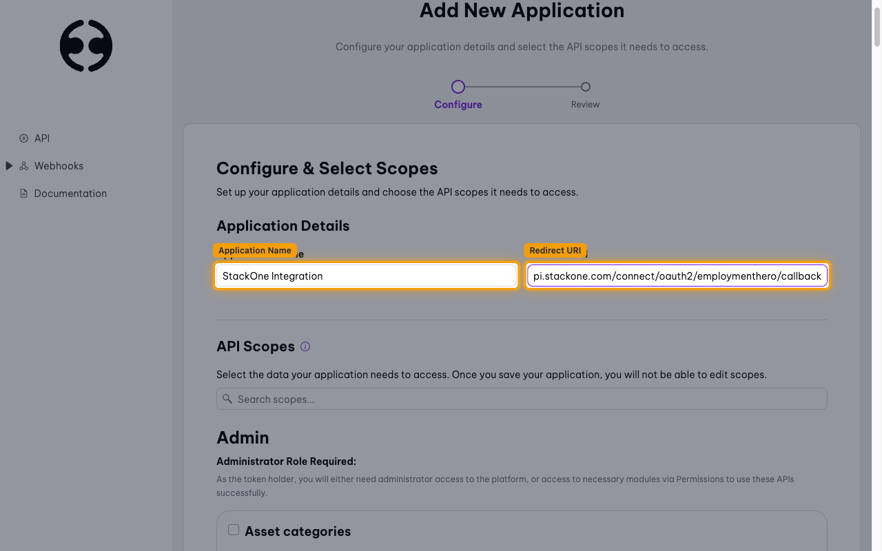 The Add New Application form with the Application Name and Redirect URI fields highlighted